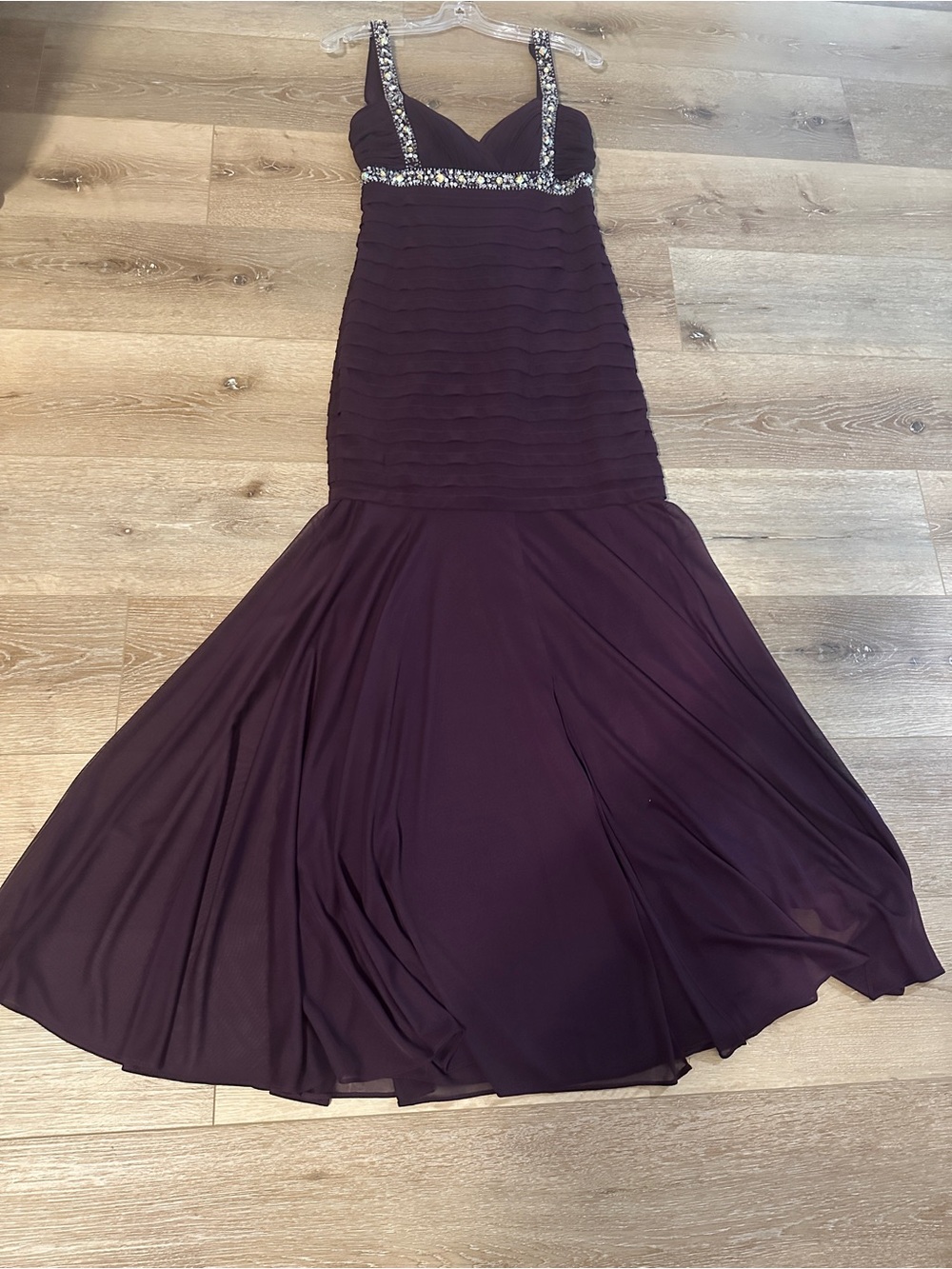 Betsy & Adam Beaded Plum Mermaid Prom Dress